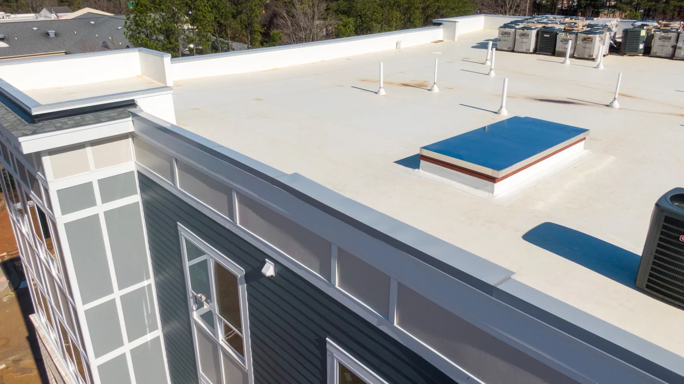 Drone view of a TPO commercial roof.