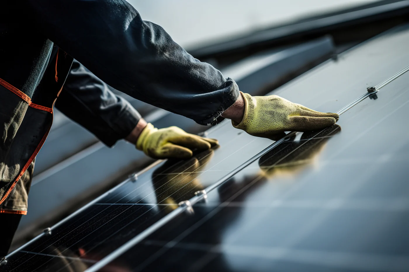 A roofing contractor finishes installing solar panels.