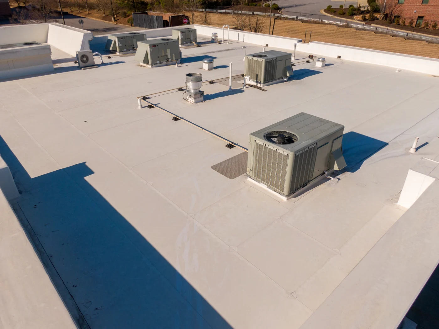 Aerial view of a TPO commercial roof.