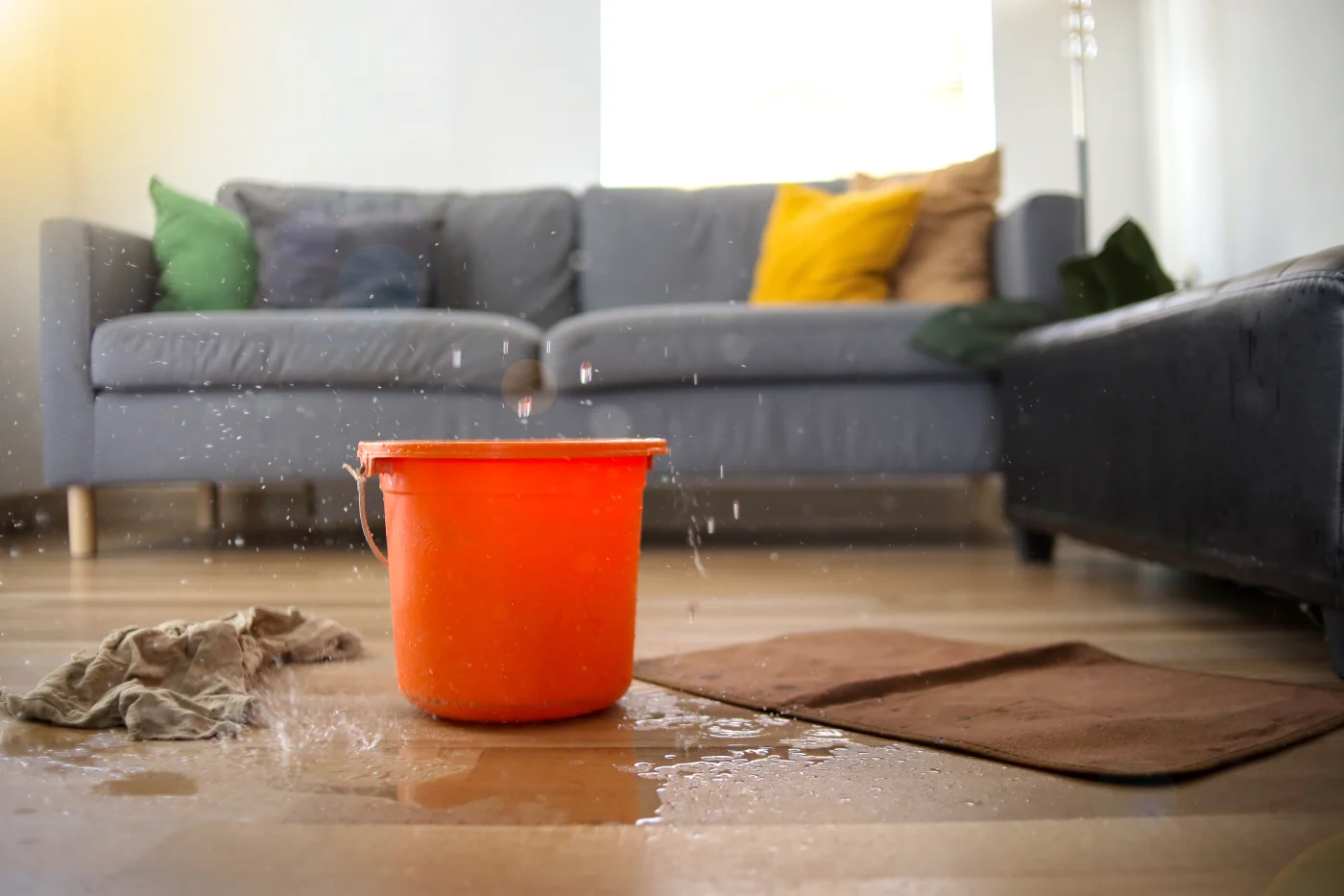 A bucket catches water from a roof leak in a living room.