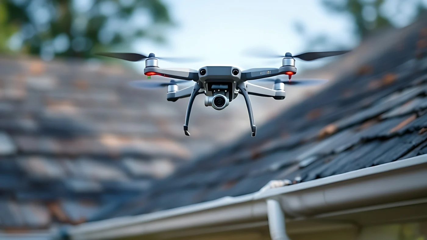 A drone is used to complete a residential roofing inspection.