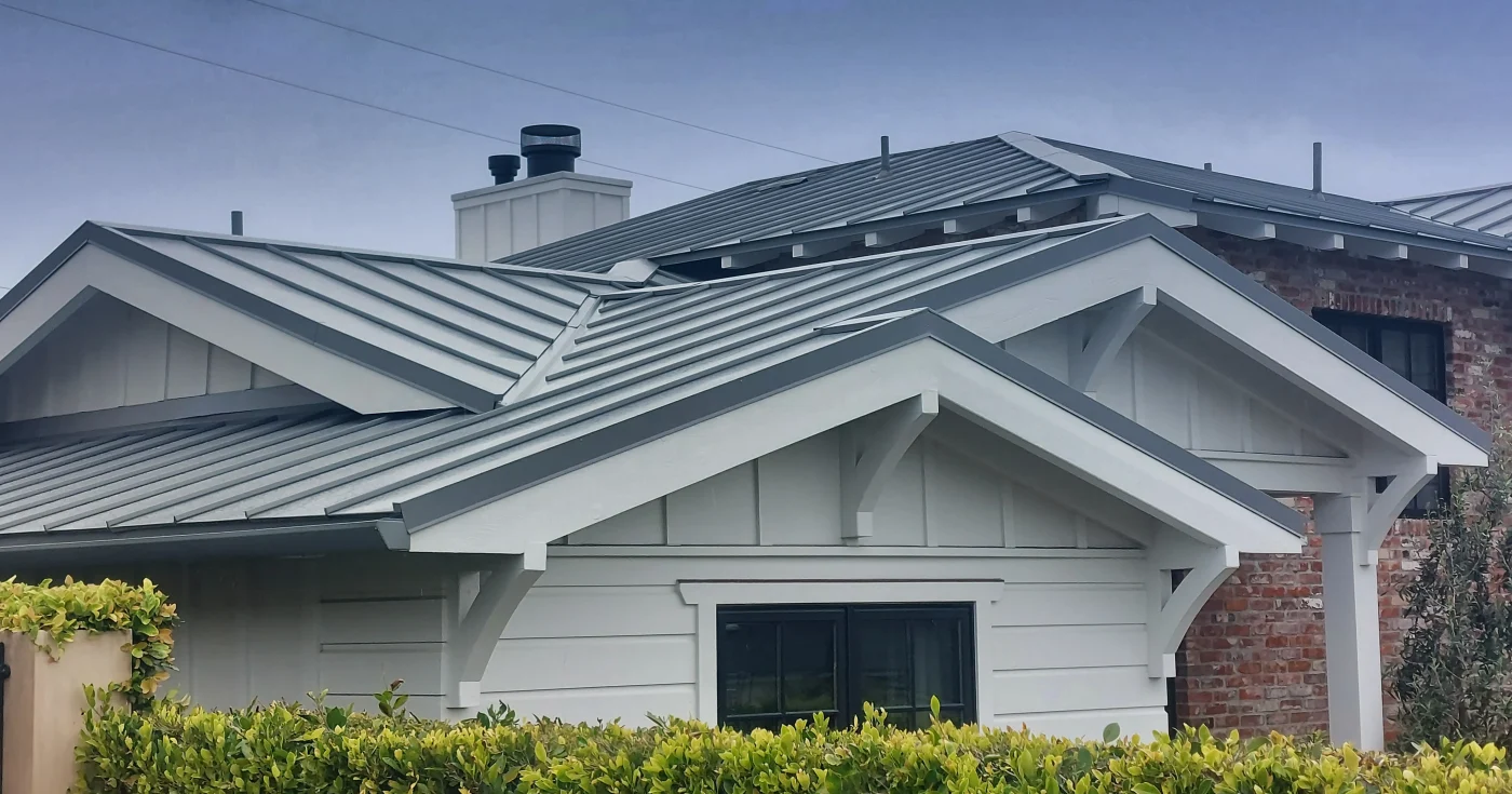 Aerial view of a newly installed standing seam metal roof.