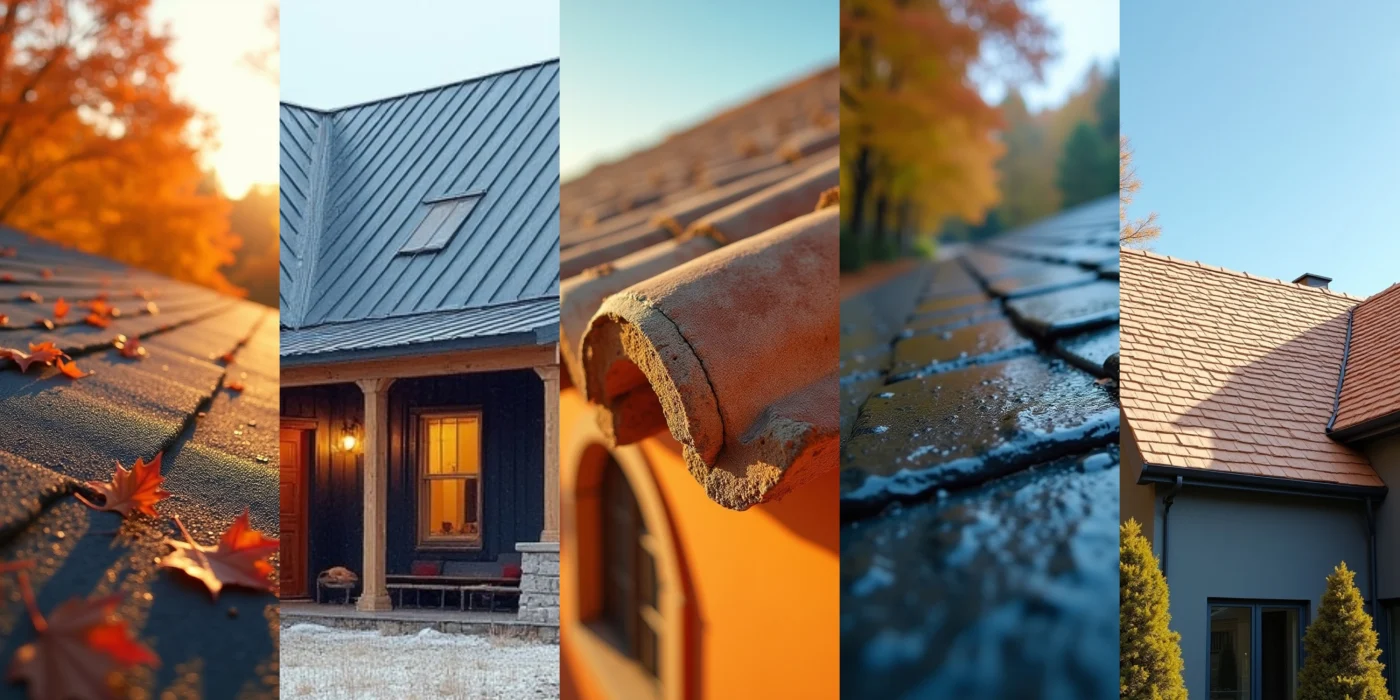Split image (left to right) of asphalt shingle roofing, metal roofing, concrete tile roofing, slate roofing, and cedar shake roofing
