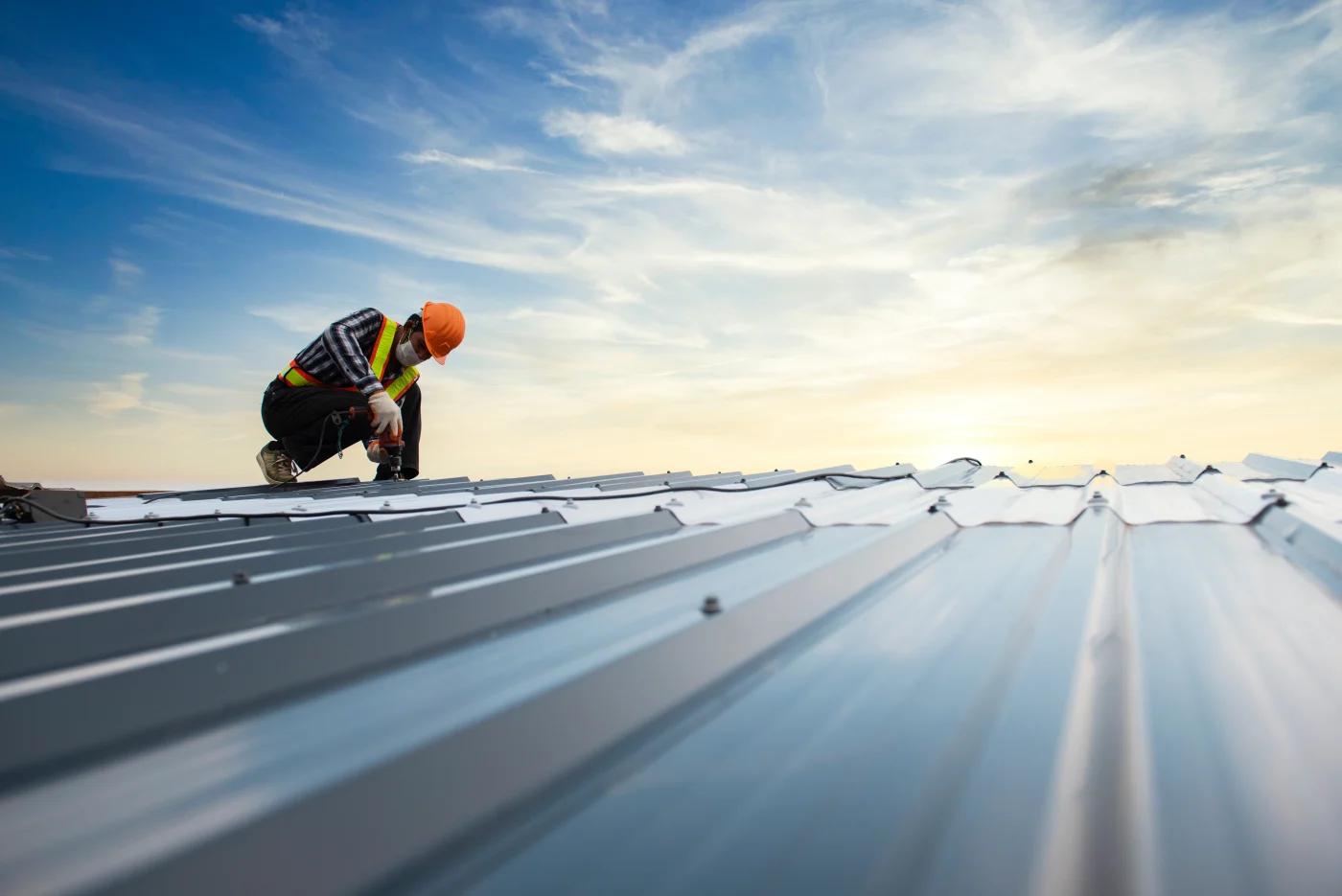 Builders In Work Clothes Install New Roofing Tools, Roofing Tool