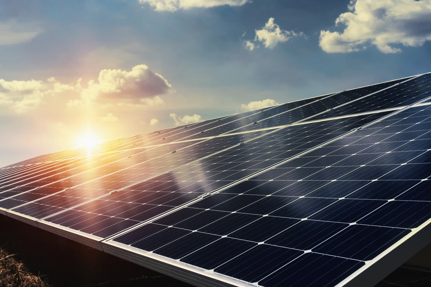 Close-up of solar panels in the morning sun.