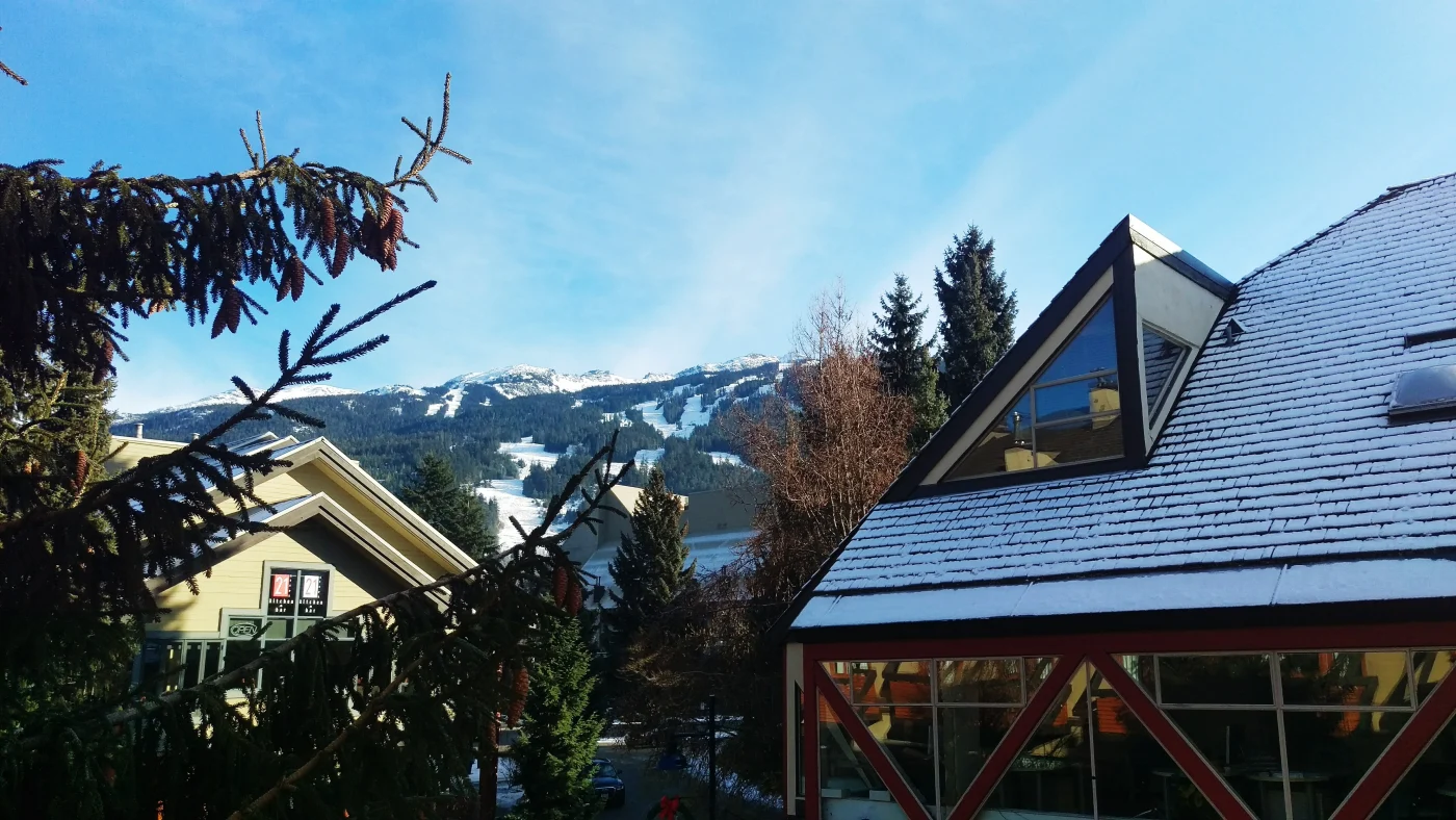 Snow-dusted rooftops and pine trees in a mountain village with ski slopes visible on the forested hills under a clear blue sky.