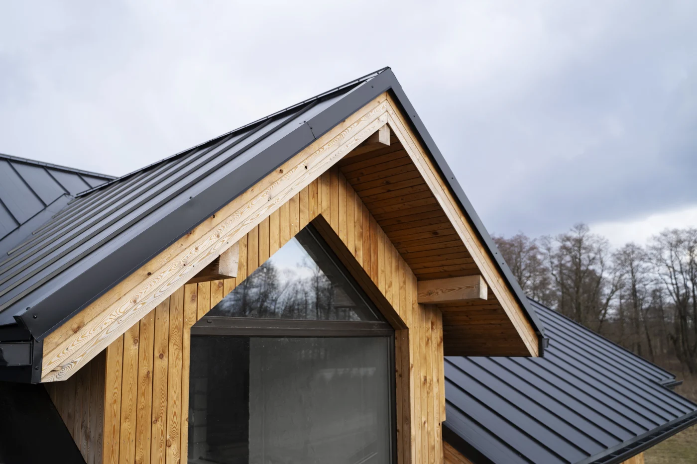 Close-up view of a modern home exterior featuring a dark metal gable roof paired with natural wood siding, with trees and a cloudy sky in the background.