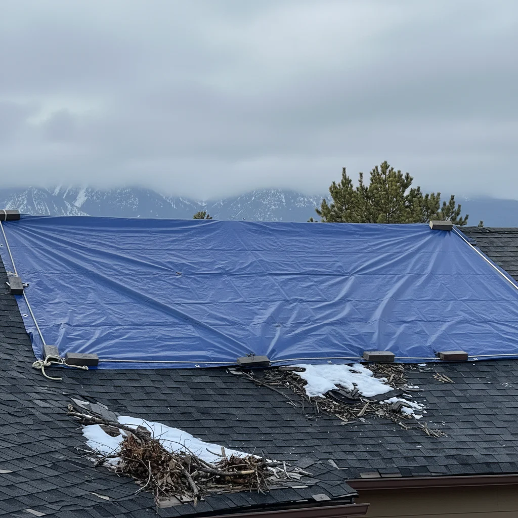 Dependable Storm Damage Repair | Aurora CO A storm-damaged roof covered with a large blue emergency tarp, with snow and debris scattered across the shingles and mountains visible in the background.