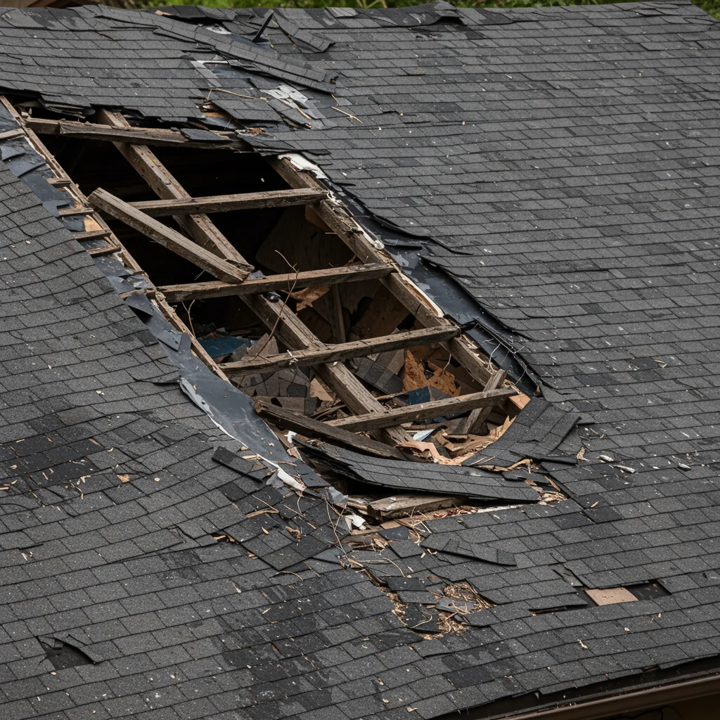 Fast Storm Damage Roof Repair | Aurora CO | Columbine Roofing & Solar A storm-damaged roof with a large hole exposing broken wooden rafters and missing shingles, showing severe structural deterioration following heavy weather.