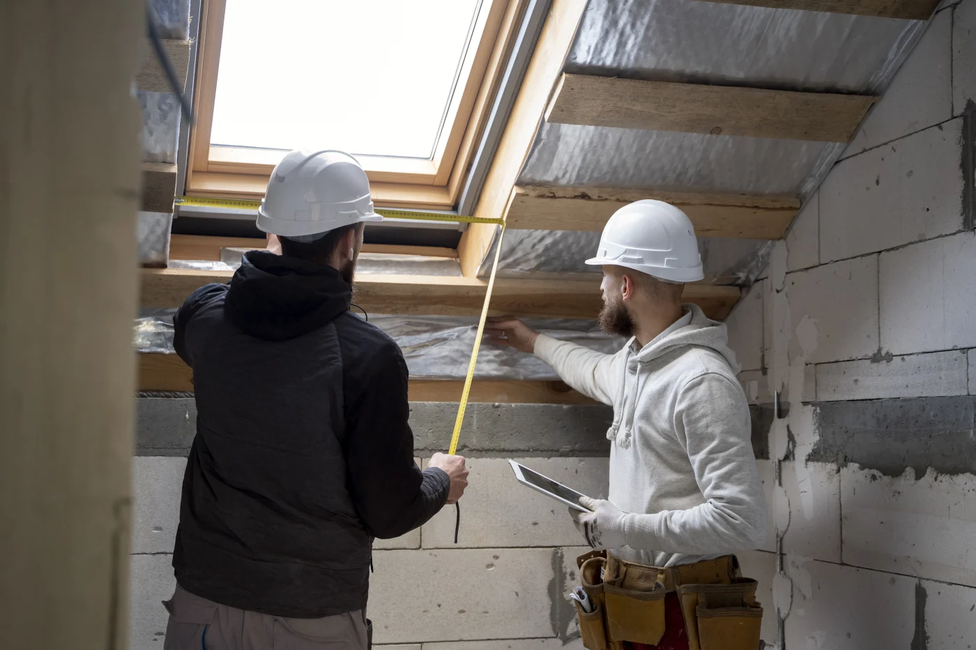 Two construction workers wearing white hard hats inspect an attic space, measuring near a skylight window while reviewing details on a tablet in a partially finished room.