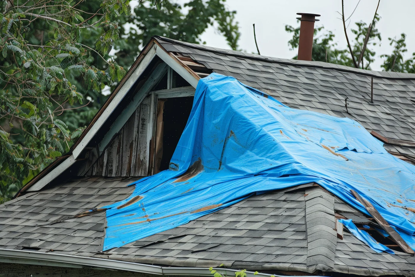 Rapid Storm Damage Roof Repair | Aurora, CO | Columbine Roofing & Solar A storm-damaged roof covered with a blue emergency tarp, showing broken shingles, exposed wood, and structural wear on a home surrounded by trees.