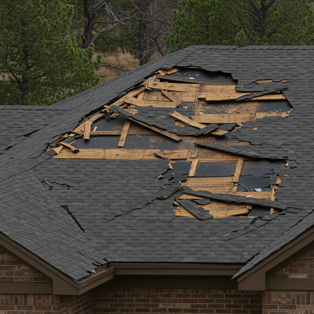 Reliable Storm Damage Repairs | Aurora, CO A roof with extensive storm damage, showing a large section of missing shingles and exposed wooden decking, with broken boards.
