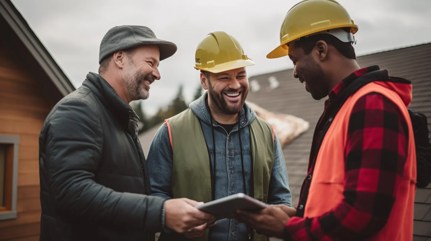 Two roofing professionals wearing hard hats review documents with a customer, smiling and collaborating to ensure quality workmanship and clear communication