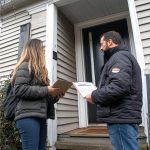 A roofing professional reviews documents with a homeowner at the front door of a residential home, demonstrating clear communication and a professional consultation process.