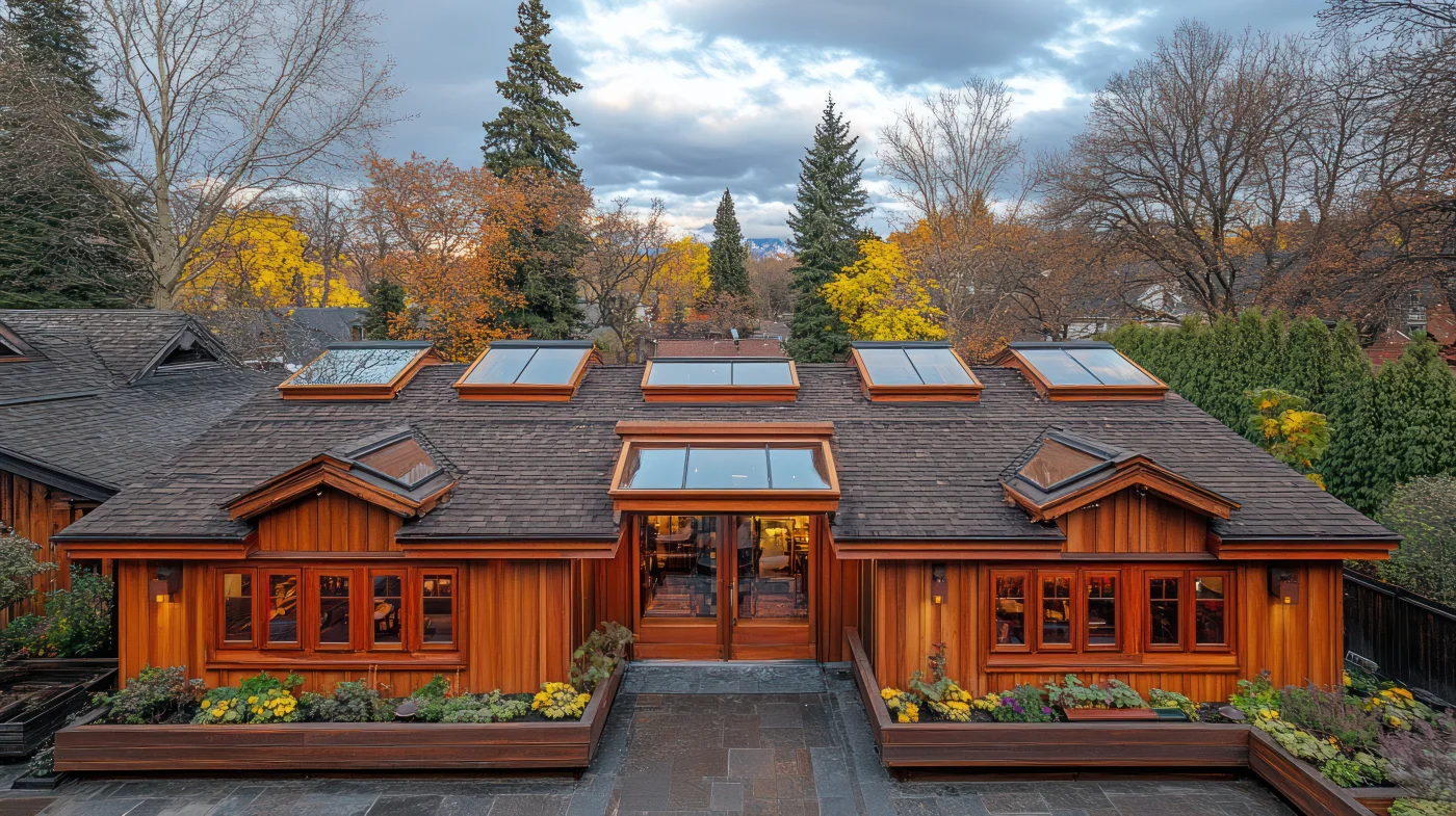 Wide, modern wooden home with a dark shingle roof featuring multiple large skylights, surrounded by raised flower beds and autumn trees.