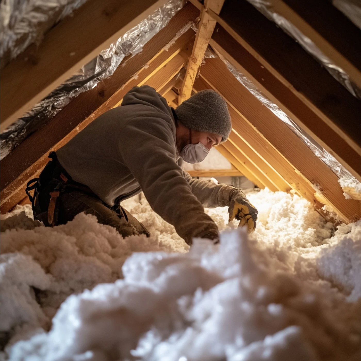 Technician in a beanie, mask, and gloves, carefully spreading thick blown-in attic insulation between wooden rafters