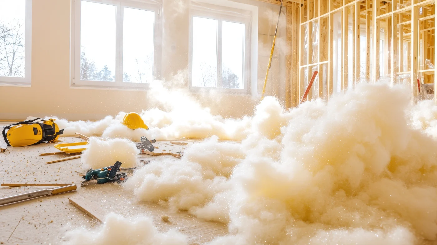 Loose blow-in insulation billows across a sunny unfinished room, with construction tools and a yellow hard hat on the floor.