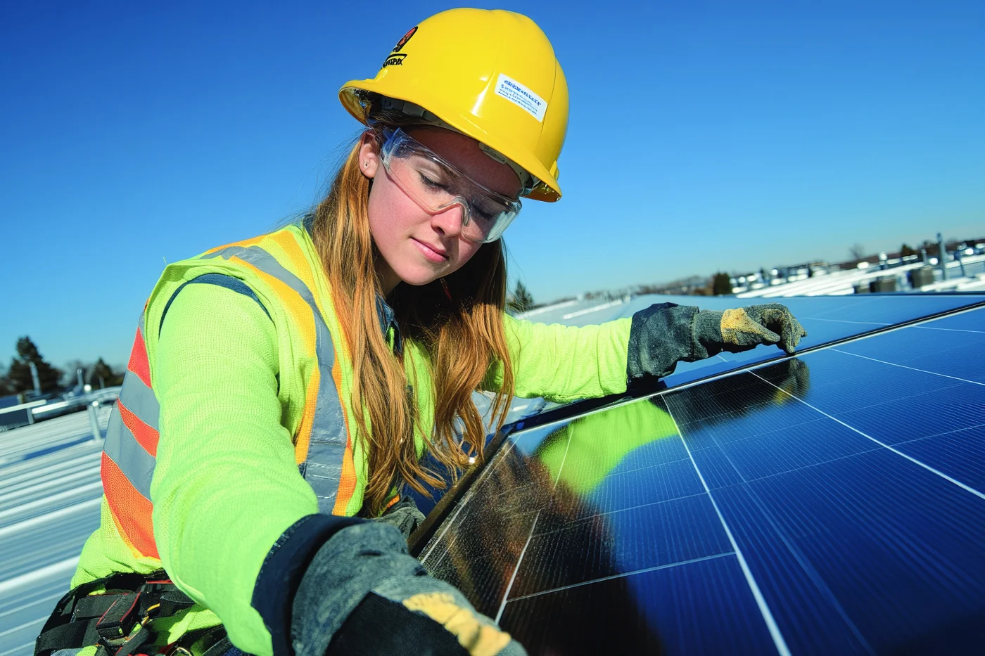 Female solar technician in a yellow hard hat, safety glasses, and a neon safety vest, carefully adjusting a rooftop solar panel under a clear blue sky