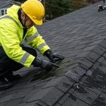 Roofing technician in a bright yellow safety jacket and hard hat kneeling on an asphalt shingle roof, inspecting a wet, stained area near the ridge.