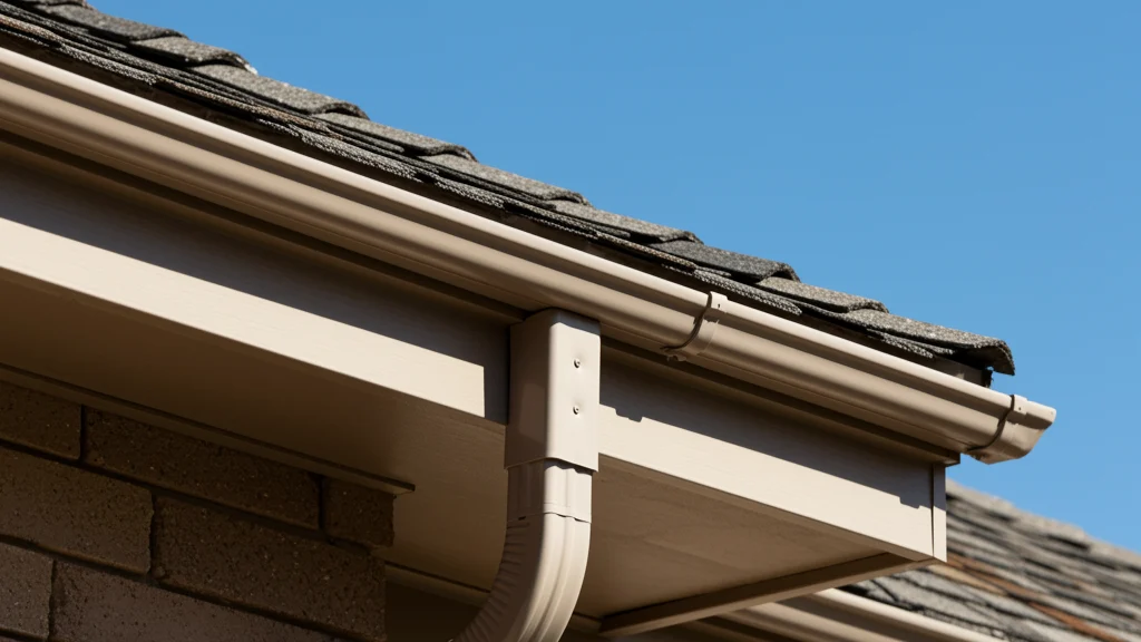 Close-up of a clean white gutter and downspout system mounted along a shingled roof edge, with white trim and part of a brick exterior.