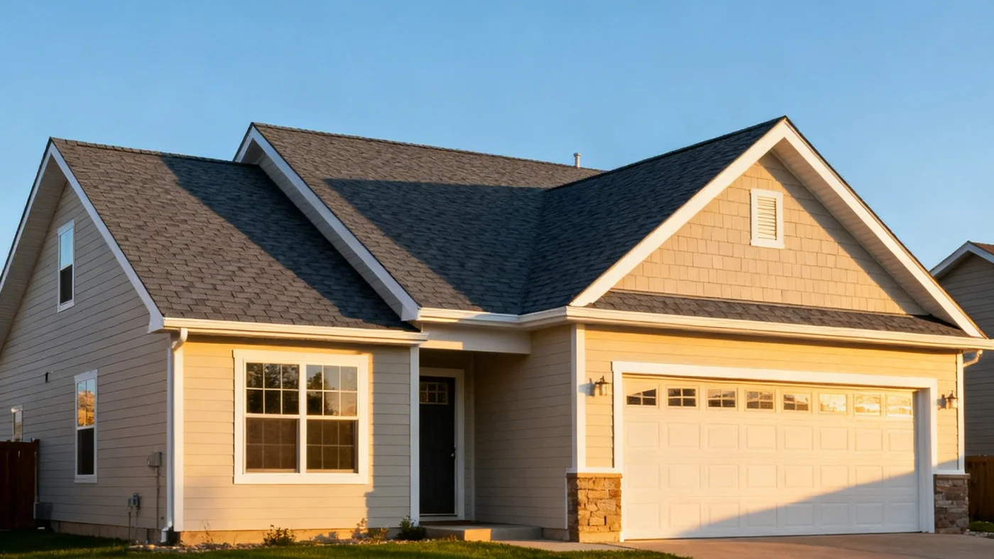 Dependable Emergency Roofing | Longmont, CO | Columbine Roofing Front view of a beige single-story home with a dark gray shingle roof, white trim, attached two-car garage, and warm evening sunlight.
