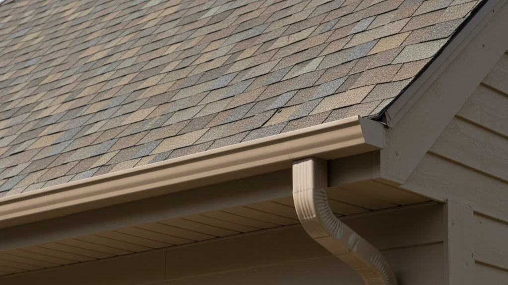 A close-up of a clean tan gutter and downspout installed along the edge of a shingled roof, with matching soffit and light-colored exterior siding.