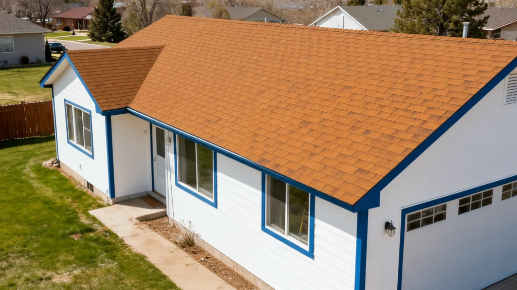 Aerial view of a single-story white home with bright blue trim and a newly installed warm brown shingle roof, surrounded by a green lawn.