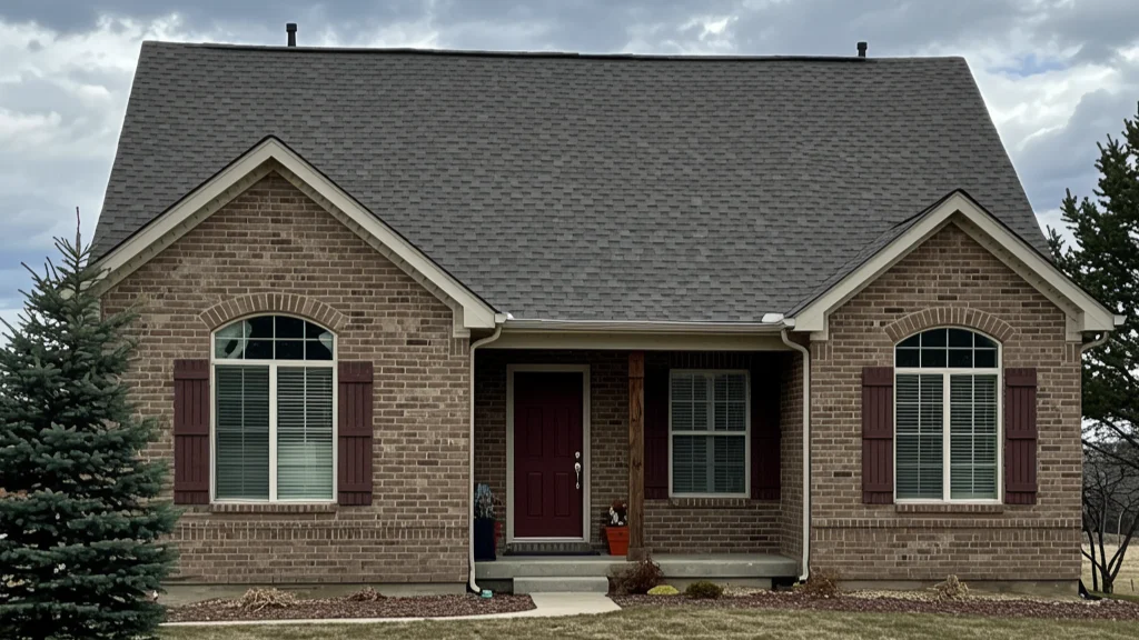 Fast and Efficient Emergency Roofing | Longmont, CO | Columbine Roofing Front view of a one-story brick home with a steep gray shingle roof, red front door, matching shutters, arched windows, and a small covered porch.