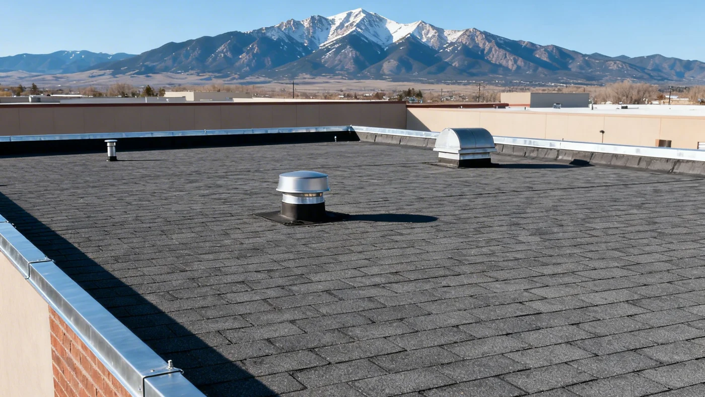 Flawless Commercial Roofing | Lafayette, CO | Columbine Roofing and Solar Wide view of a flat commercial roof with dark roofing material, metal edge flashing, roof vents, and a low skylight, set against a clear sky.