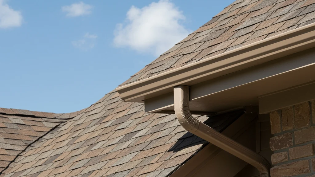Close-up of a tan gutter and downspout system attached to a shingled roof, with clean soffits, layered rooflines, and a brick exterior.