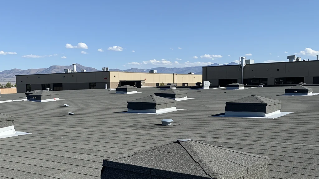 High Quality Commercial Roofing | Lafayette, CO | Columbine Roofing and Solar Wide view of a flat commercial roof with multiple low-profile vents and capped rooftop structures, surrounded by industrial buildings and distant mountains.