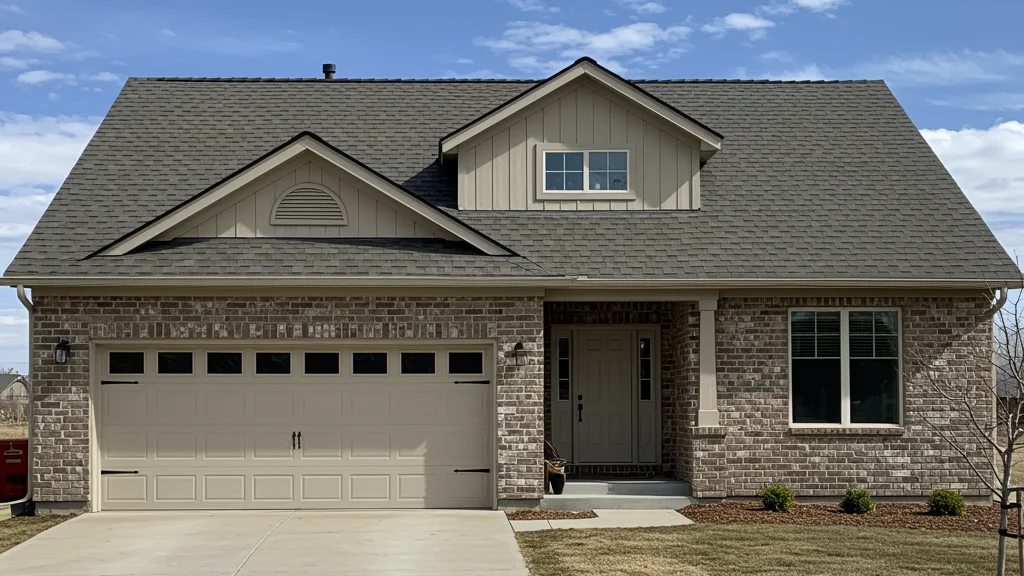 High Quality Emergency Roofing | Longmont, CO | Columbine Roofing and Solar Front view of a one-and-a-half-story brick home with a steep gray shingle roof, attached two-car garage, and covered entry porch.