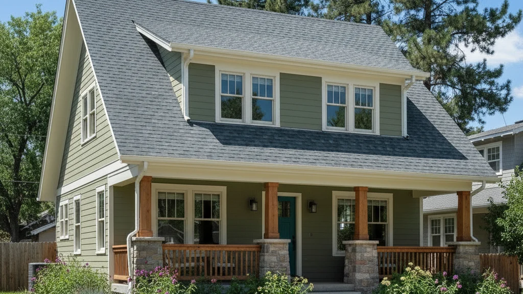 Front view of a two-story green home with a newly installed gray shingle roof, white trim, a covered front porch with wood posts and stone bases.