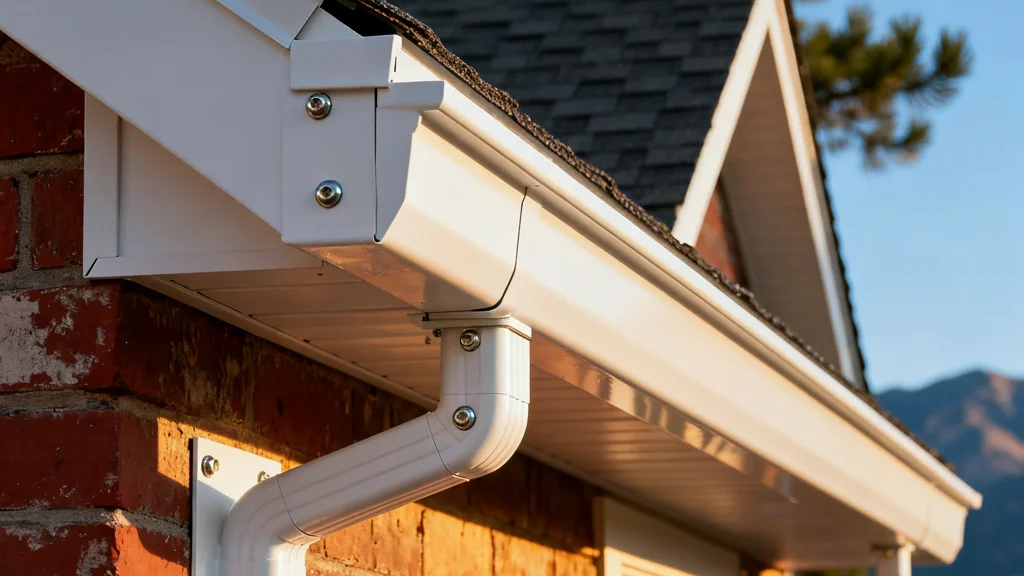 Close-up of a white gutter and downspout system attached to a brick home, with clean soffit panels, dark roof shingles.