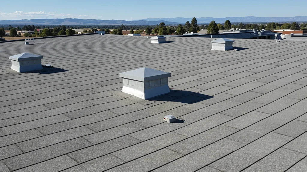 Magnificent Commercial Roofing | Lafayette, CO | Columbine Roofing and Solar Wide view of a flat commercial roof with light gray roofing material and multiple square vent caps, set against a clear sky.