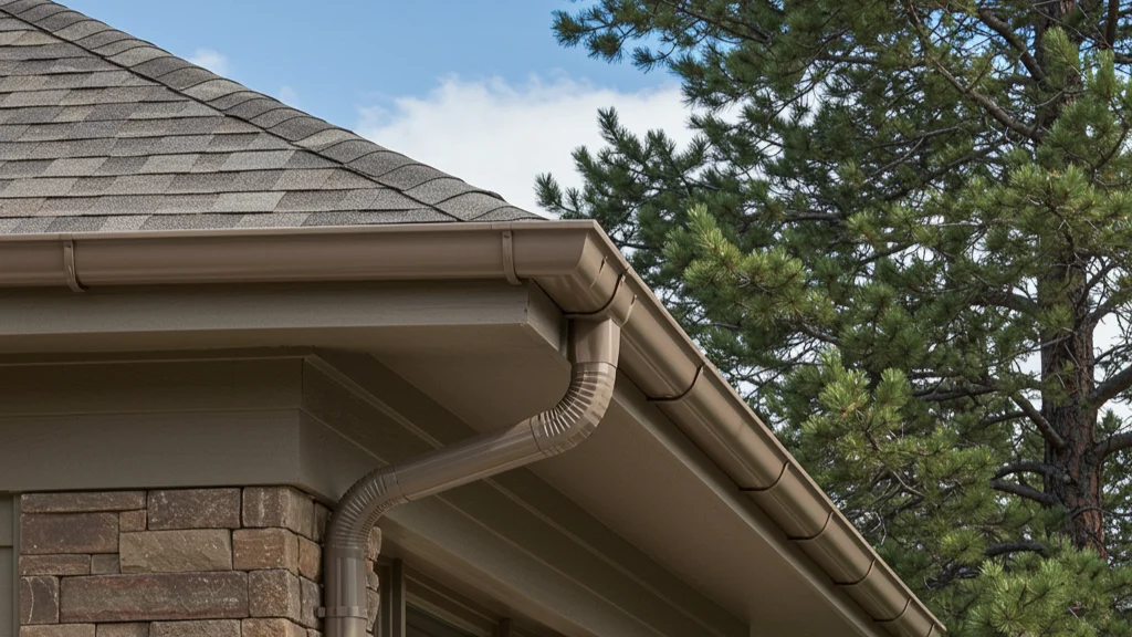 Close-up of a clean brown gutter and downspout system along a gray shingle roof, attached to a home with stone accents.