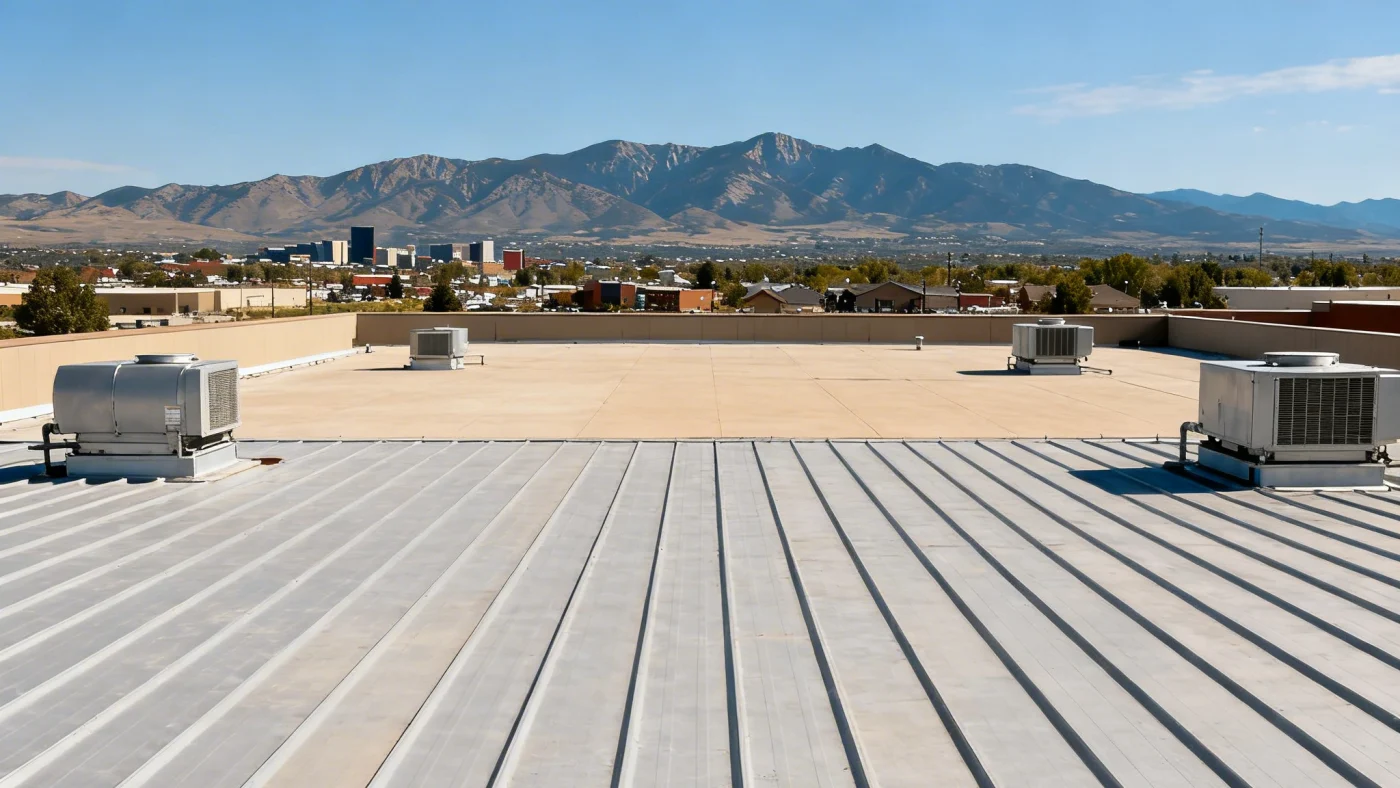 Resilient Commercial Roofing | Lafayette, CO | Columbine Roofing and Solar Wide view of a large commercial rooftop with metal roofing and multiple HVAC units, overlooking a cityscape and mountain range.