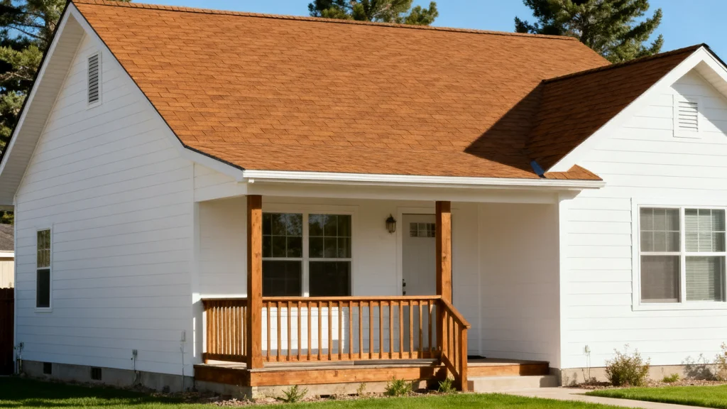 Front view of a white single-story home with a newly installed warm brown shingle roof, covered front porch with wood posts and railing.