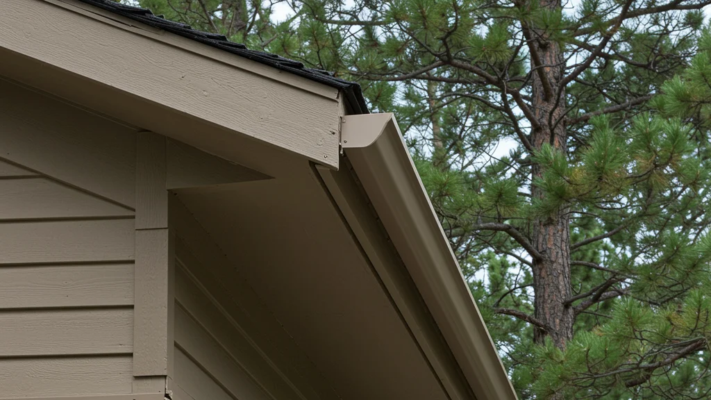 Close-up of a clean tan gutter installed along the roof edge of a home with matching trim and siding, set against a backdrop of tall pine trees.