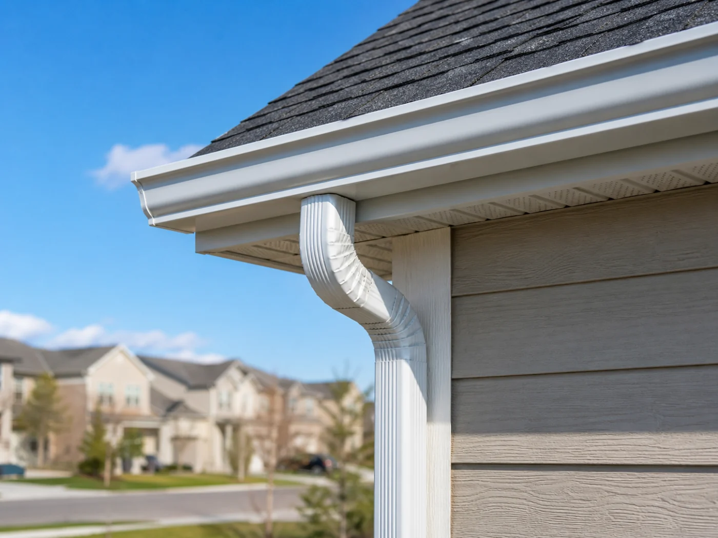Close-up of a new white gutter system on an Aurora, CO home with gray siding, shingle roof, downspout, and blue sky.