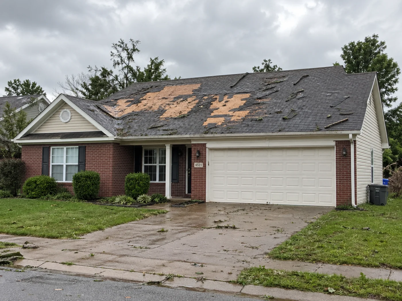 Storm-damaged brick home with missing roof shingles, exposed decking, scattered debris, wet driveway, and cloudy skies.