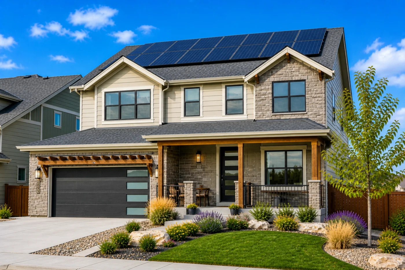 Modern two-story Aurora, CO home with solar panels, stone and siding exterior, large windows, garage, and landscaped yard under blue sky.