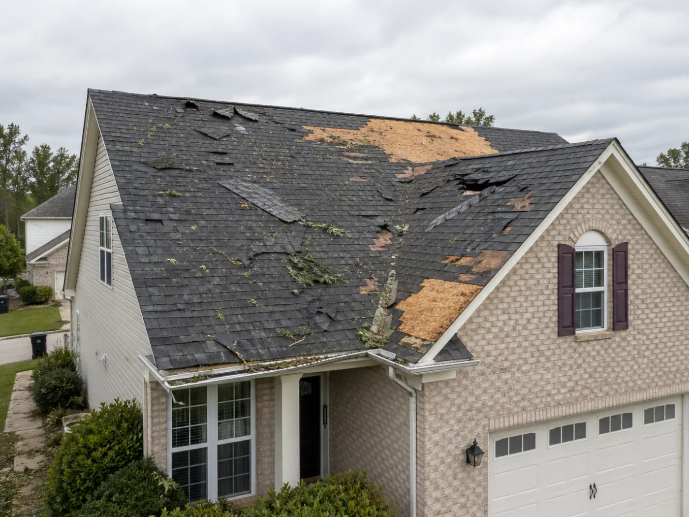 Storm-damaged residential roof with missing shingles, exposed decking, scattered debris, gutters, and cloudy sky after severe weather.