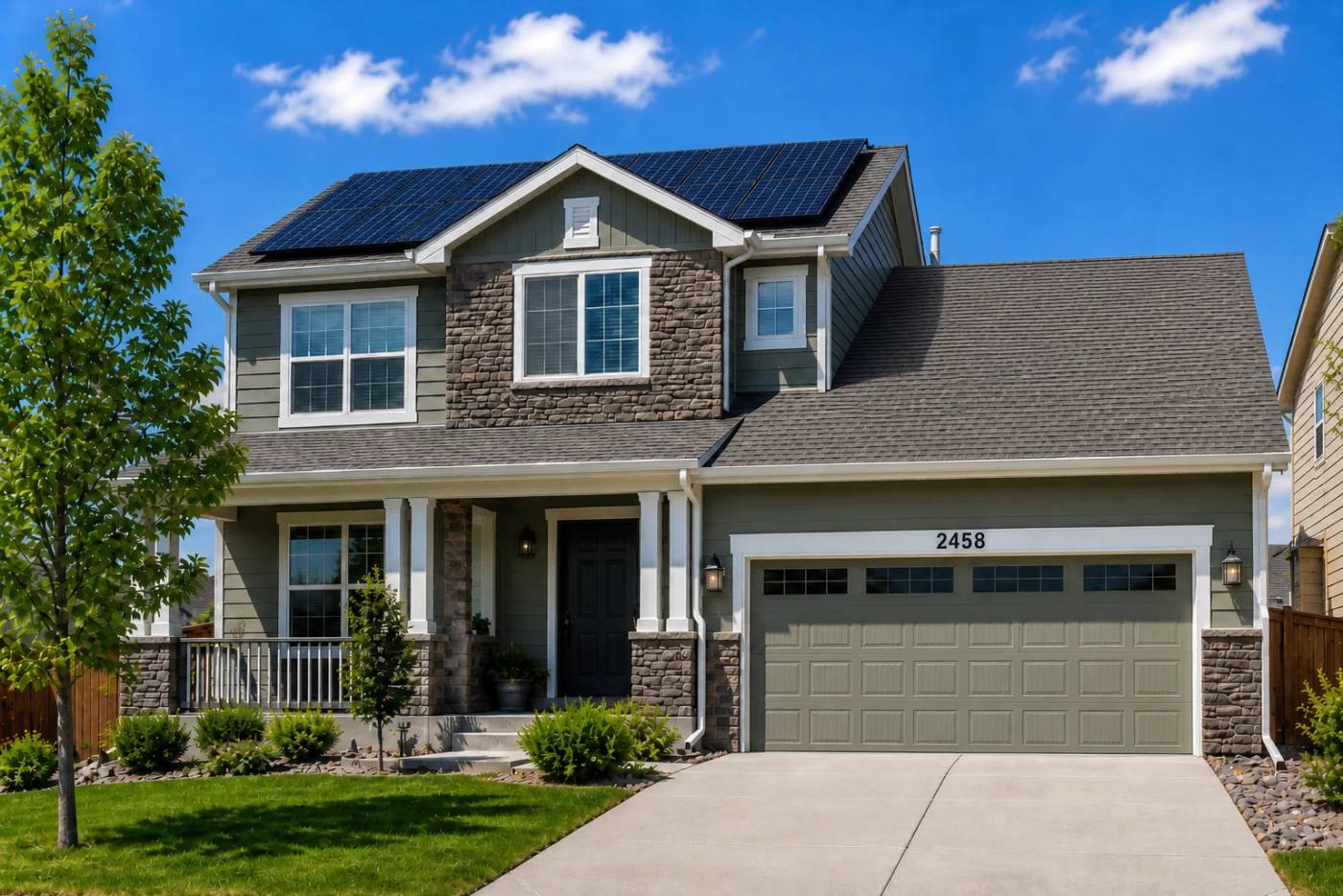 Two-story Aurora, CO home with rooftop solar panels, gray siding, stone accents, front porch, garage, and landscaped yard.