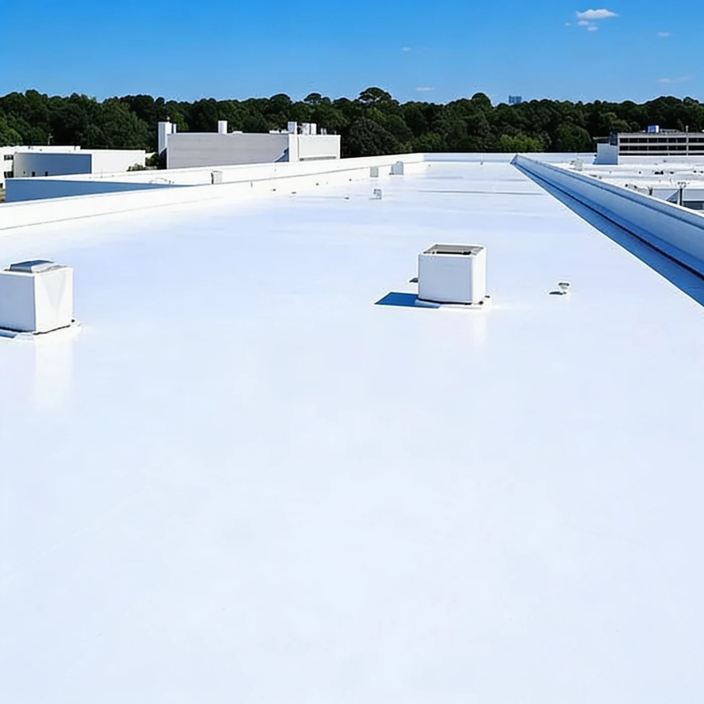 Flat white commercial roof with rooftop vents and equipment, surrounded by low buildings and trees under a clear blue sky.
