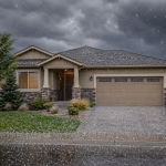 Single-story Aurora, CO home during a hailstorm with dark clouds, hail-covered roof, wet driveway, garage, and landscaped yard.