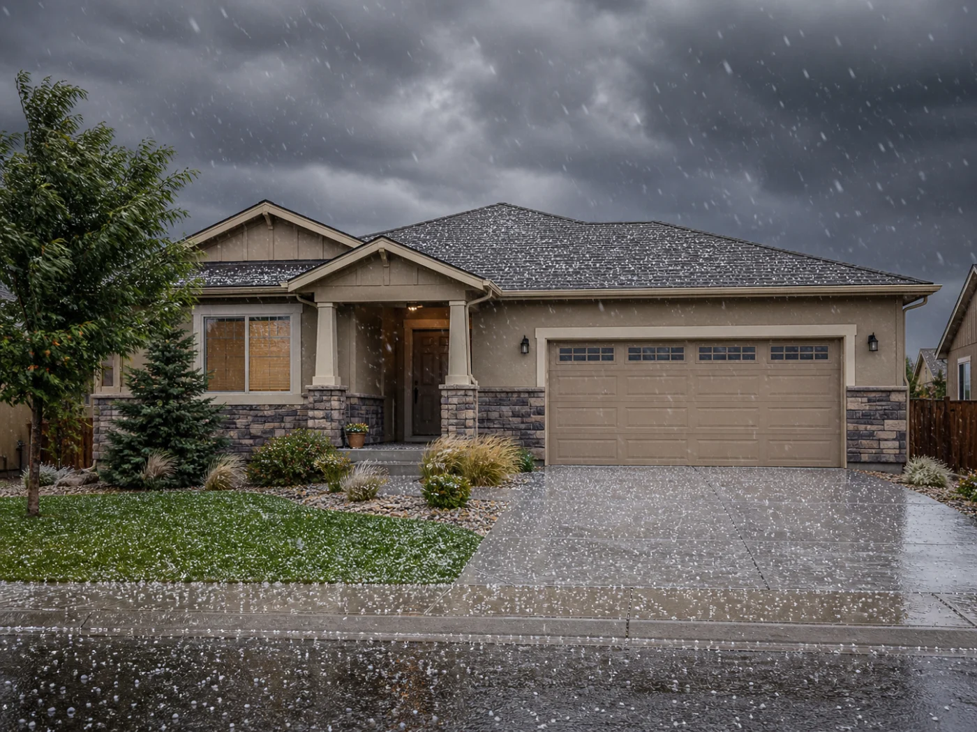 Single-story Aurora, CO home during a hailstorm with dark clouds, hail-covered roof, wet driveway, garage, and landscaped yard.