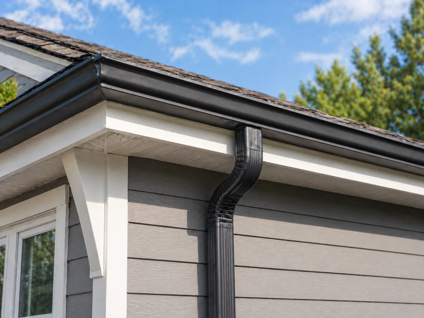 Close-up of a new black gutter system on a Colorado home with gray siding, white trim, shingle roof, and downspout.