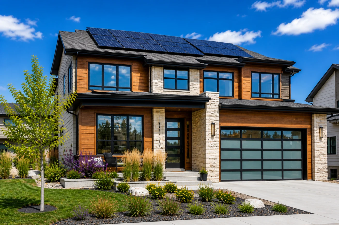 Modern two-story Aurora, CO home with rooftop solar panels, mixed stone and wood exterior, large windows, garage, and landscaped yard.