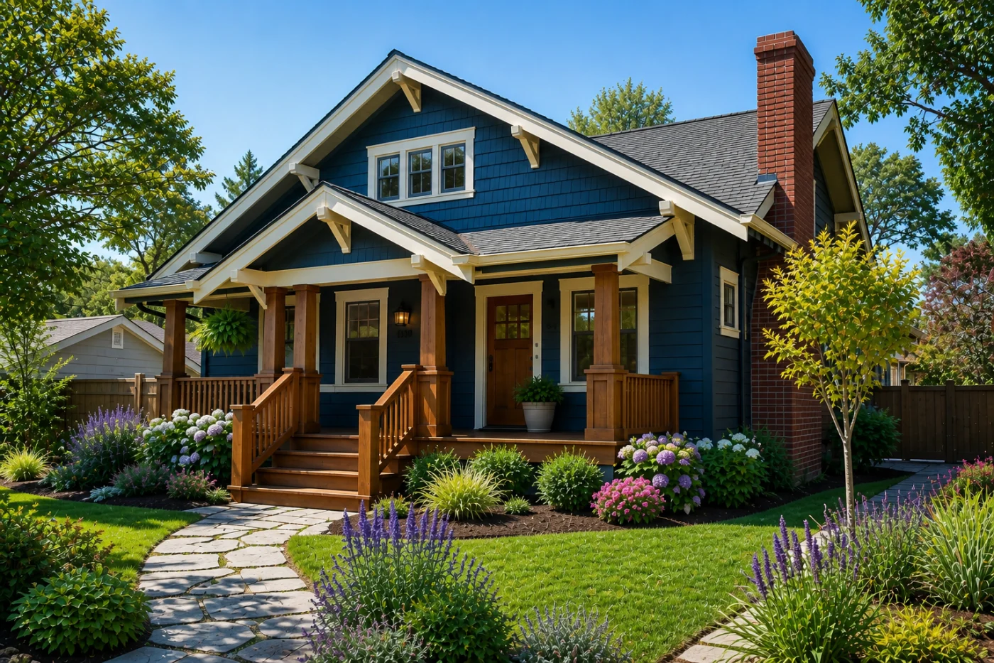 Craftsman bungalow with blue siding, wood porch, brick chimney, landscaped yard, stone path, and sunny curb appeal.